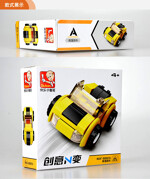 Sluban M38-B0597B Creative N change: 4 yellow convertible sports cars, green sUVs, blue truck heads, red F3 Racing Cars