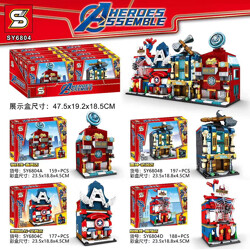 SY SY6804A Avengers Mini Street View 4 Iron Man Mask Shop, Raytheon Arms Shop, Captain America Stationery Store, Spider-Man Costume Store