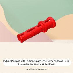 Technic Pin Long with Friction Ridges Lengthwise and Stop Bush - 3 Lateral Holes, Big Pin Hole #32054 - 21-Red