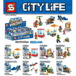 SY SY6956-3 City minifigure 8 ice cream stalls, popcorn stalls, firefighters extinguishing fires, pretenders steal gold bars, police air jetpacks, robbers escape, divers shooting in the water, snowmobiles