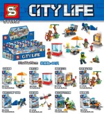 SY SY6956-6 City minifigure 8 ice cream stalls, popcorn stalls, firefighters extinguishing fires, pretenders steal gold bars, police air jetpacks, robbers escape, divers shooting in the water, snowmobiles