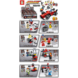 SY 6773-6 FAST Champions: Red F1Racing Cars and minifigure 8 combined panel modification, engine assembly, tire tester, honor display, modified equipment, tail airflow test, tire changer, repair parts