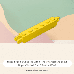 Hinge Brick 1 x 6 Locking with 1 Finger Vertical End and 2 Fingers Vertical End, 9 Teeth #30388 - 24-Yellow