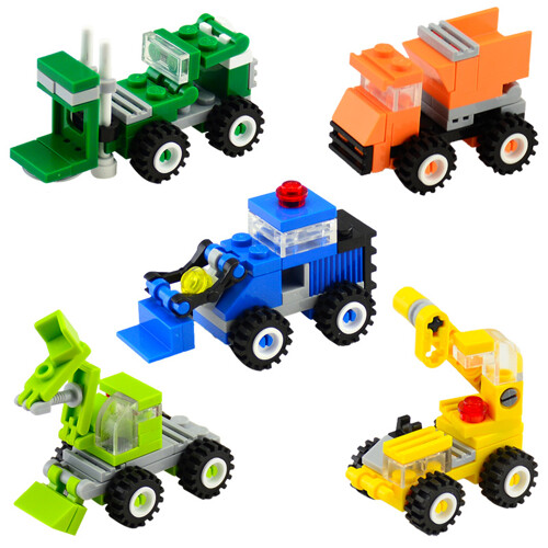 QMAN / ENLIGHTEN / KEEPPLEY 1220 Mini Engineering Car 5 yellow cranes, green forklifts, blue bulldozers, green excavators, orange dump trucks