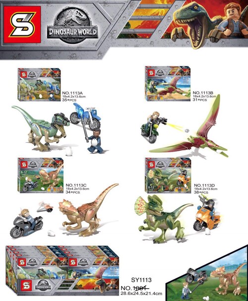 SY 1113D Dinosaur World: 8 dinosaurs and motorcycle minifigures