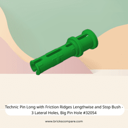 Technic Pin Long with Friction Ridges Lengthwise and Stop Bush - 3 Lateral Holes, Big Pin Hole #32054 - 28-Green