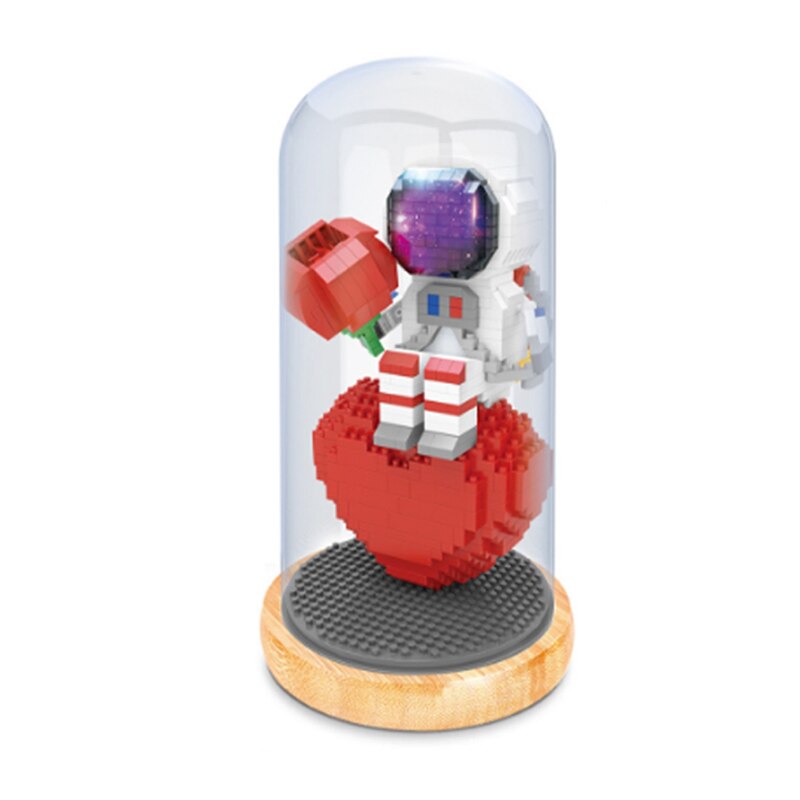 Wise Hawk 2701 Spaceman Sitting on Heart and Holding Rose with LED Light Display Covered Wood Base