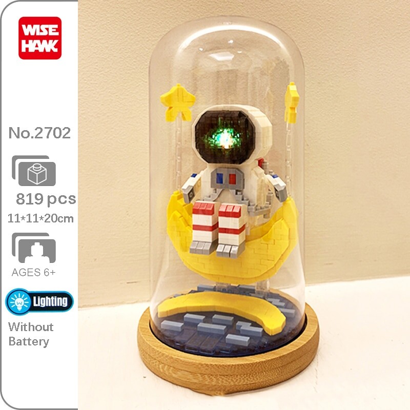 Wise Hawk 2702 Spaceman Sitting on Moon Star Water with LED Light Display Covered Wood Base