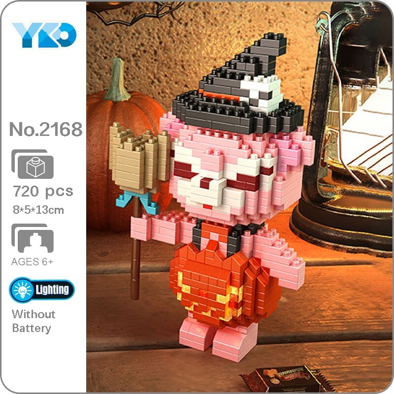 YKO 2168 Halloween Pumpkin Pink Ghost Bear Holding Wizard Broom with LED Lighting