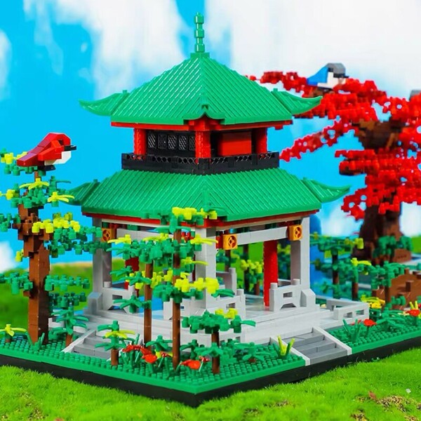 Balody 16262 Ancient Architecture Pavilion Garden Yard River Bridge Tree Bird