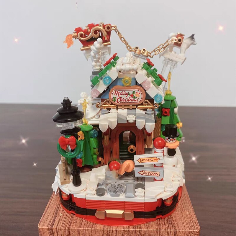 LOZ 1238 Merry Christmas Tree House Santa Claus Snowman Music Box