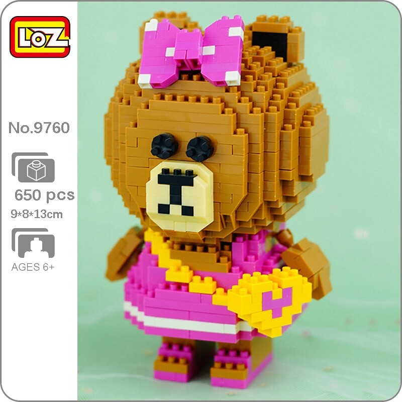 LOZ 9760 Cartoon Bear Girl Heart Bag Bow Pet Doll Model