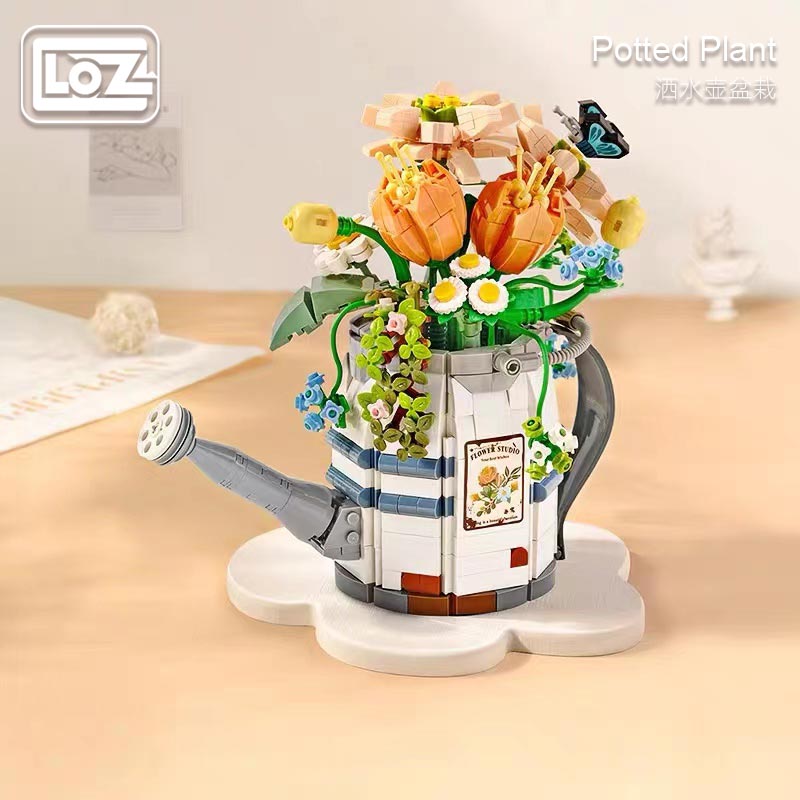 Loz Watering Pot Potted Flower Building Blocks Flower Small Particle Assembly Plant Assembly Decoration Bonsai Gift
