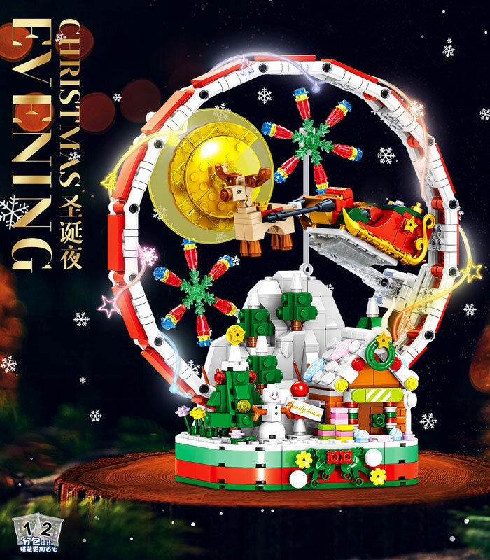 Rotating Ferris Wheel Building Blocks Christmas Wagon Model Bricks with Light Toys for Children Christmas Gifts