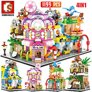 SEMBO 601051-54 Mini street scene: 4 pine cone shops, candy houses, toy shops, game machines City street scene