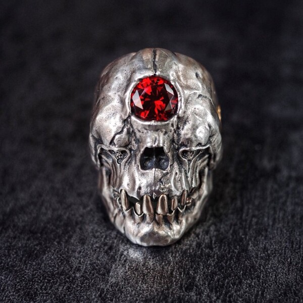 Eyhimd Cyclops Skull Ring Red Cz Crystal On The Forehead Gothic Punk Men S Stainless Steel - Skull Outfit