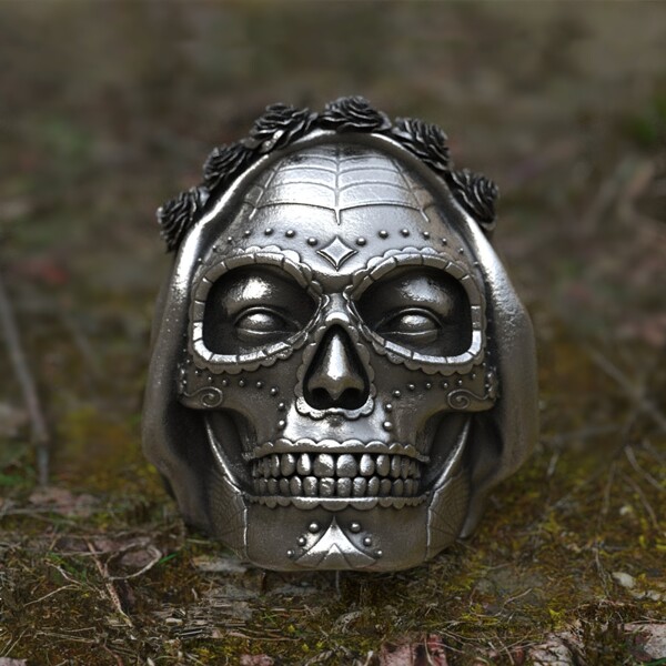 Eyhimd Goth Santa Muerte Ring Rose Crown Sugar Skull Stainless Steel Rings Womens Punk Biker Jewelry - Skull Outfit