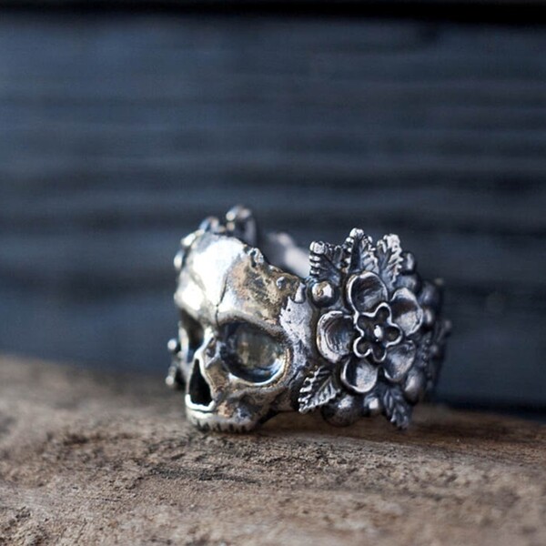 Eyhimd Gothic Mexican Flower Sugar Skull Rings Women Silver Stainless Steel Punk Flowers Ring Jewelry - Skull Outfit