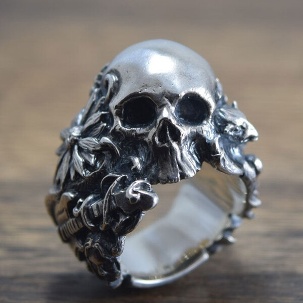 Eyhimd Gothic Music Guitar Flower Skull Ring Gargoyle Stainless Steel Biker Rings Punk Jewelry Unique Gift - Skull Outfit