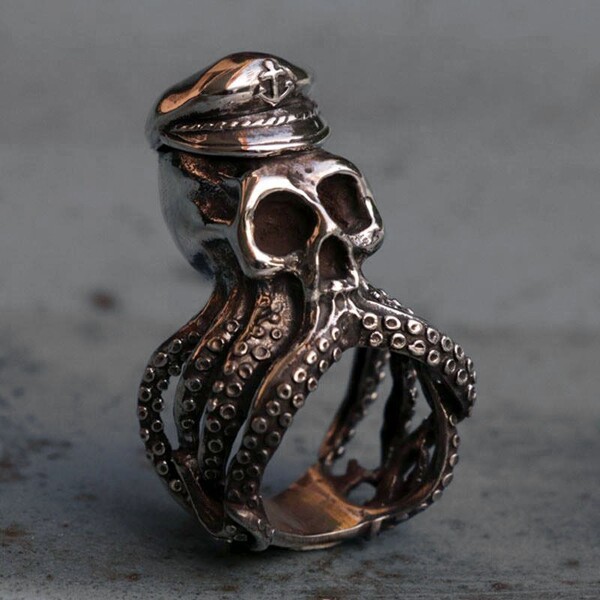 Eyhimd Mens Silver Color Anchor Octopus Skull Stainless Steel Ring Punk Navy Captain Biker Rings Gift - Skull Outfit
