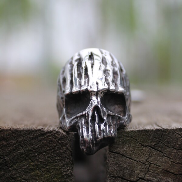 Eyhimd Vintage Decay Dead Wood Skull Rings Unique Mens Retro Silver Stainless Steel Biker Ring Jewelry - Skull Outfit