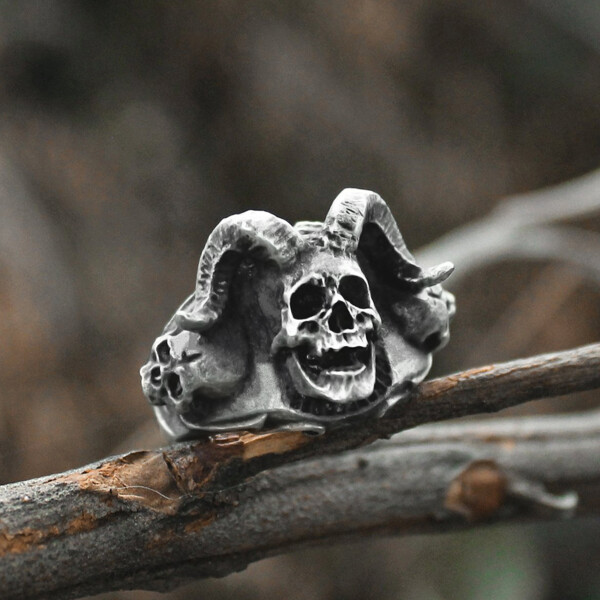 Men Vintage Cross Azazel Satanic Skull Rings Punk Gothic Devil Stainless Steel Ring Biker Jewelry - Skull Outfit