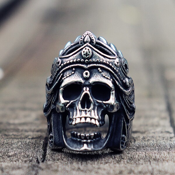 Mens Boys Mahakali Helmet Skull Biker Rings Vintage 316L Stainless Steel Ring Punk Rock Jewelry Gift - Skull Outfit