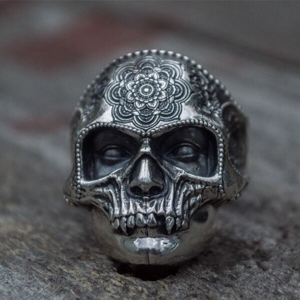 Unique Silver Color 316L Stainless Steel Heavy Sugar Skull Ring Mens Mandala Flower Santa Muerte Biker - Skull Outfit